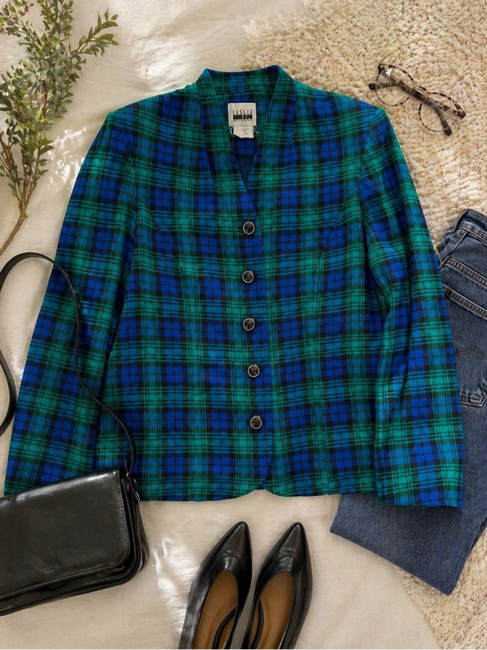 Vintage Leslie Fay Plaid Blazer Blue Green Size 10 Shoulder Pads 90s